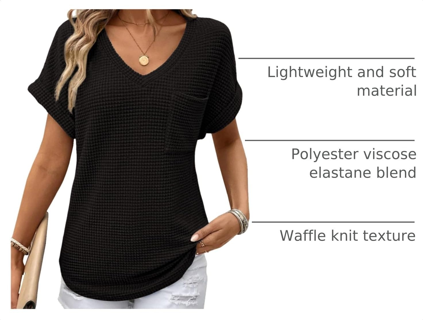 image:imageDokotoo Womens Waffle Knit Tops 2026 Summer Shirts Womens Blouses Basic TeeA Black