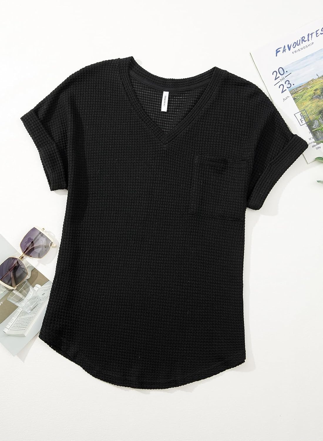 image:imageDokotoo Womens Waffle Knit Tops 2026 Summer Shirts Womens Blouses Basic TeeA Black