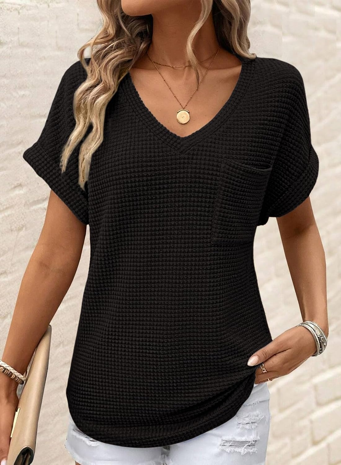 image:imageDokotoo Womens Waffle Knit Tops 2026 Summer Shirts Womens Blouses Basic TeeA Black