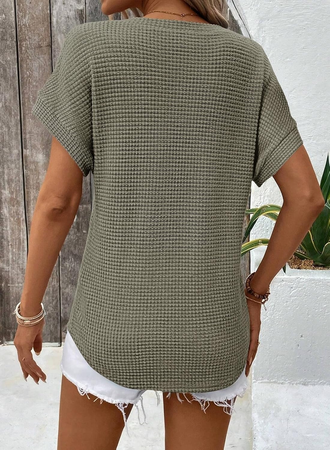 image:imageDokotoo Womens Waffle Knit Tops 2026 Summer Shirts Womens Blouses Basic TeeA Four Leaf Clover