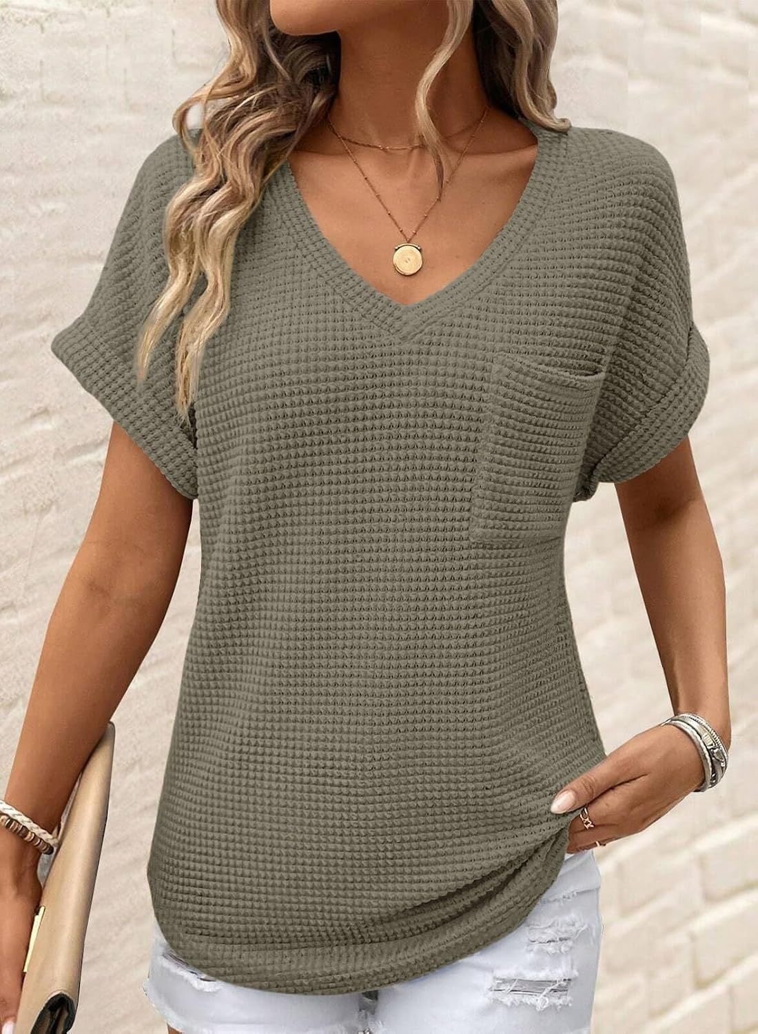 image:imageDokotoo Womens Waffle Knit Tops 2026 Summer Shirts Womens Blouses Basic TeeA Four Leaf Clover