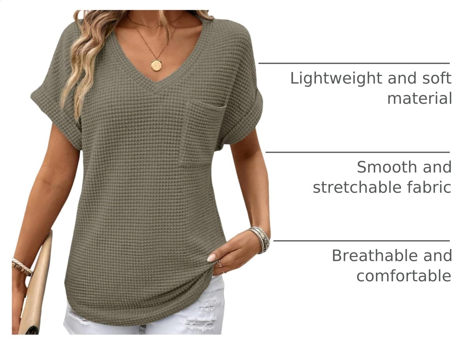 image:imageDokotoo Womens Waffle Knit Tops 2026 Summer Shirts Womens Blouses Basic TeeA Four Leaf Clover