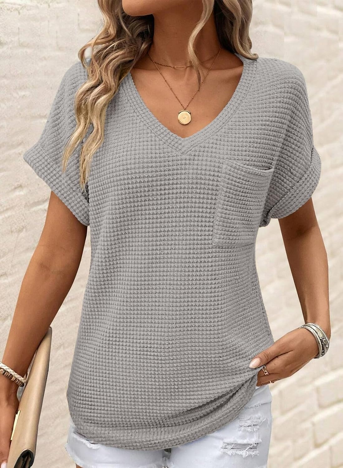 image:imageDokotoo Womens Waffle Knit Tops 2026 Summer Shirts Womens Blouses Basic TeeA Gray