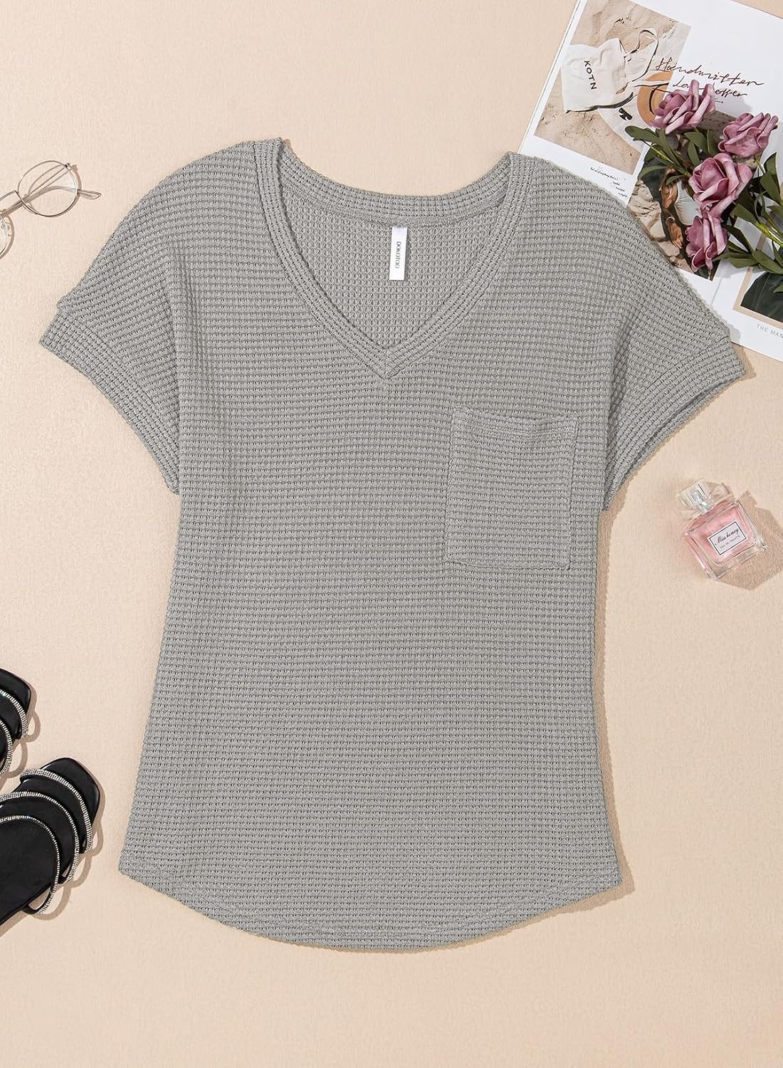 image:imageDokotoo Womens Waffle Knit Tops 2026 Summer Shirts Womens Blouses Basic TeeA Gray