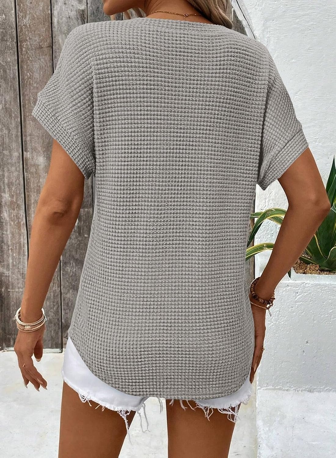 image:imageDokotoo Womens Waffle Knit Tops 2026 Summer Shirts Womens Blouses Basic TeeA Gray