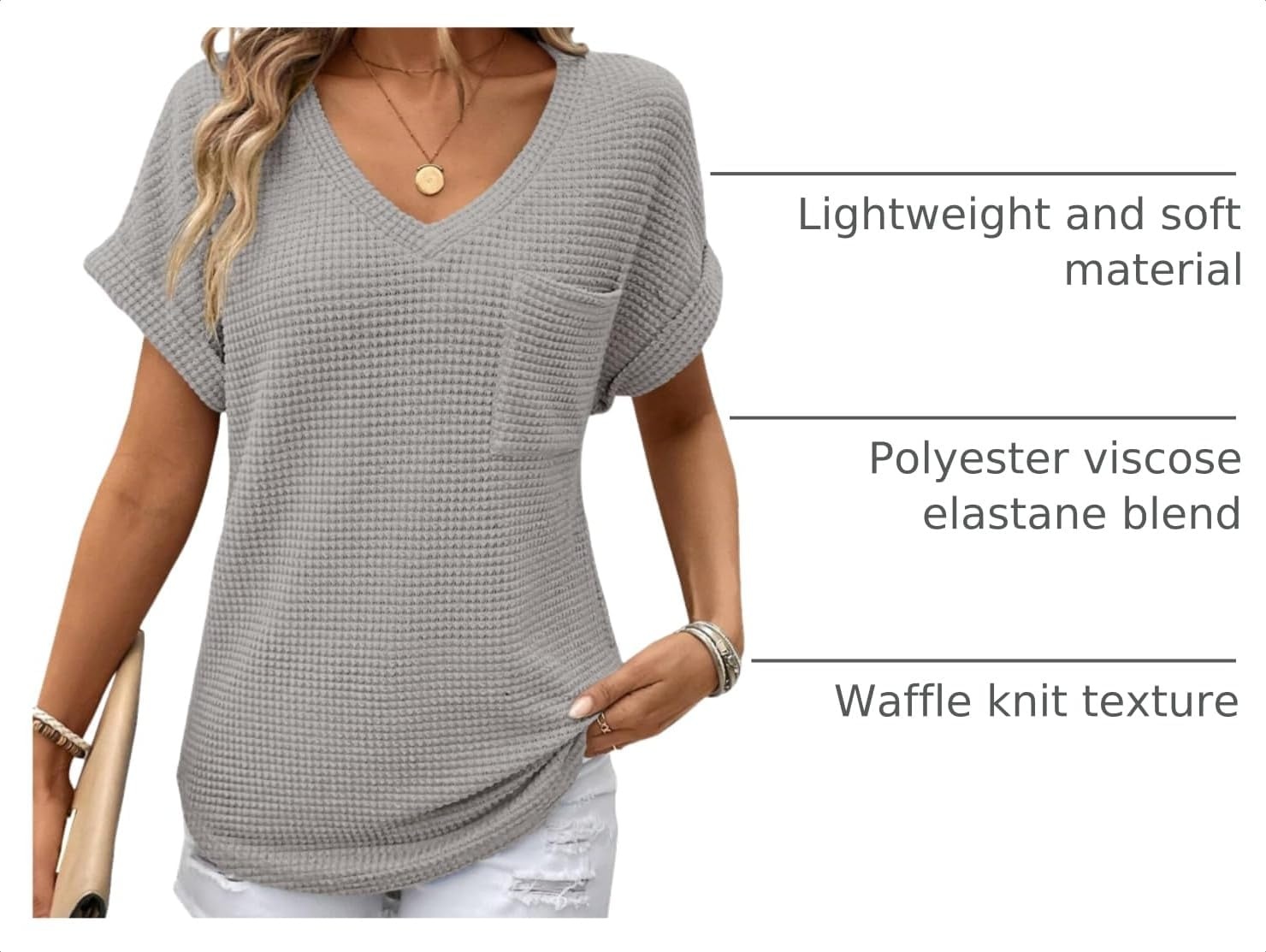image:imageDokotoo Womens Waffle Knit Tops 2026 Summer Shirts Womens Blouses Basic TeeA Gray
