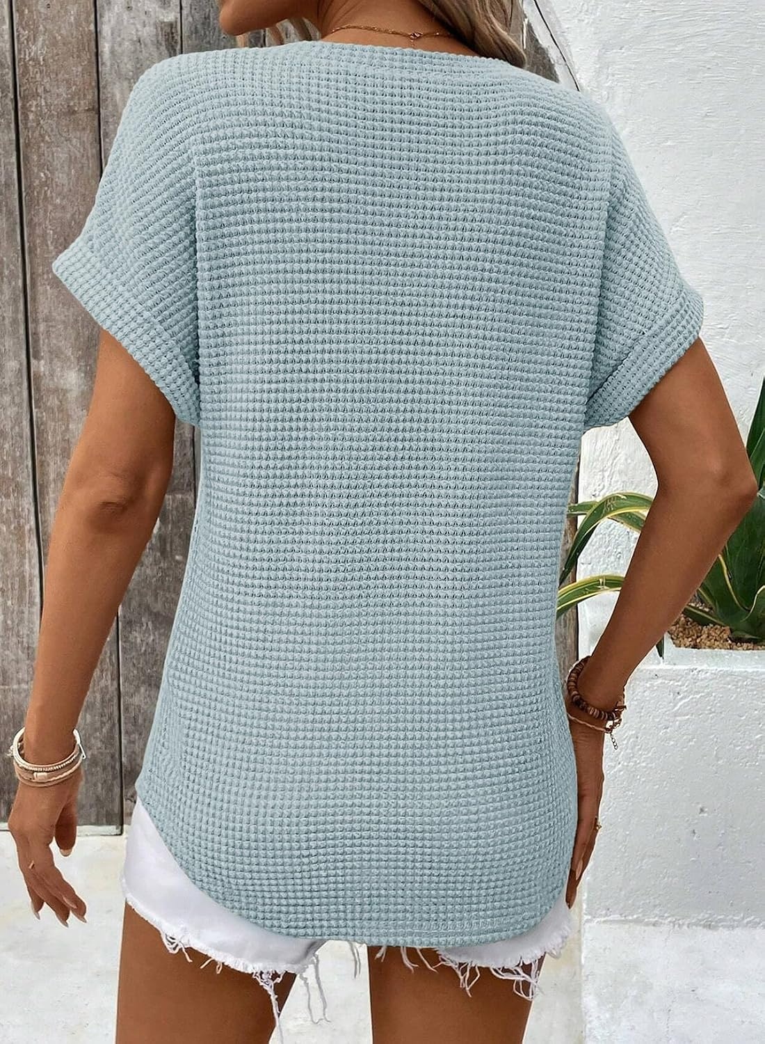 image:imageDokotoo Womens Waffle Knit Tops 2026 Summer Shirts Womens Blouses Basic TeeA Iceland Blue