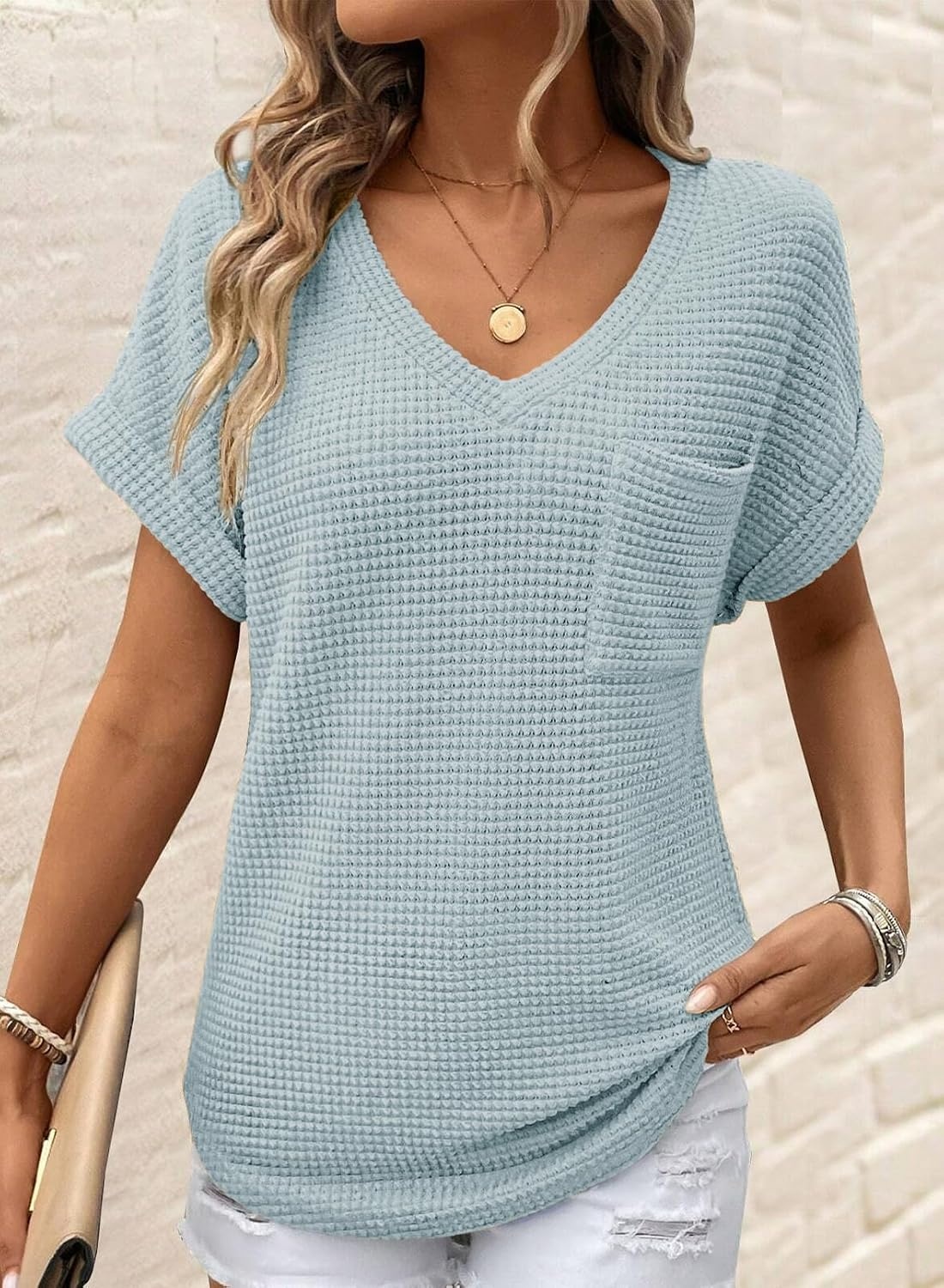 image:imageDokotoo Womens Waffle Knit Tops 2026 Summer Shirts Womens Blouses Basic TeeA Iceland Blue