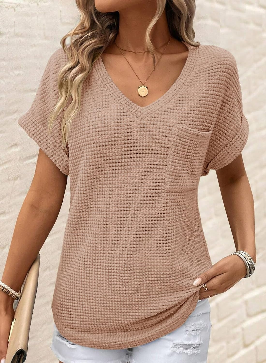 image:imageDokotoo Womens Waffle Knit Tops 2026 Summer Shirts Womens Blouses Basic TeeA Light French Beige