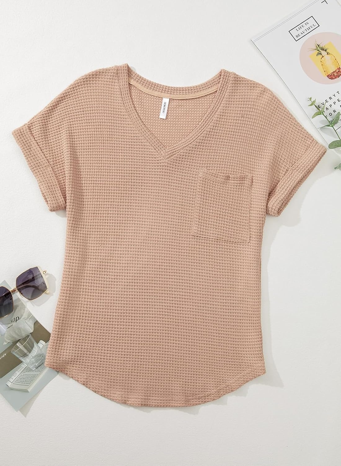 image:imageDokotoo Womens Waffle Knit Tops 2026 Summer Shirts Womens Blouses Basic TeeA Light French Beige