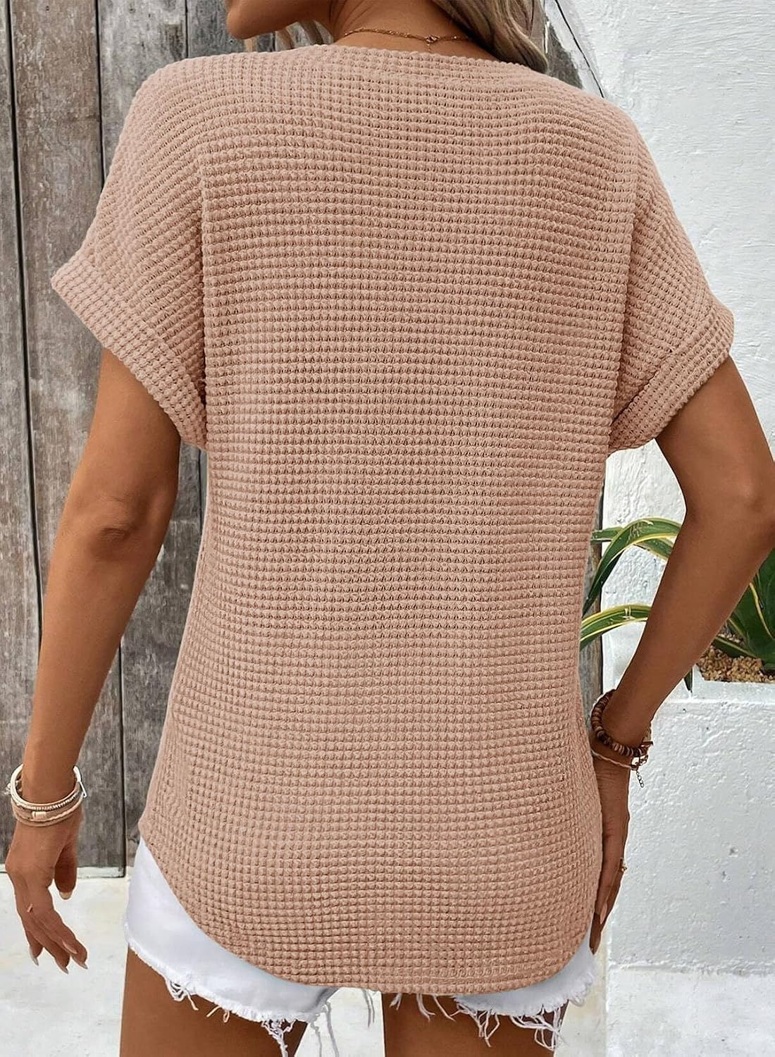 image:imageDokotoo Womens Waffle Knit Tops 2026 Summer Shirts Womens Blouses Basic TeeA Light French Beige