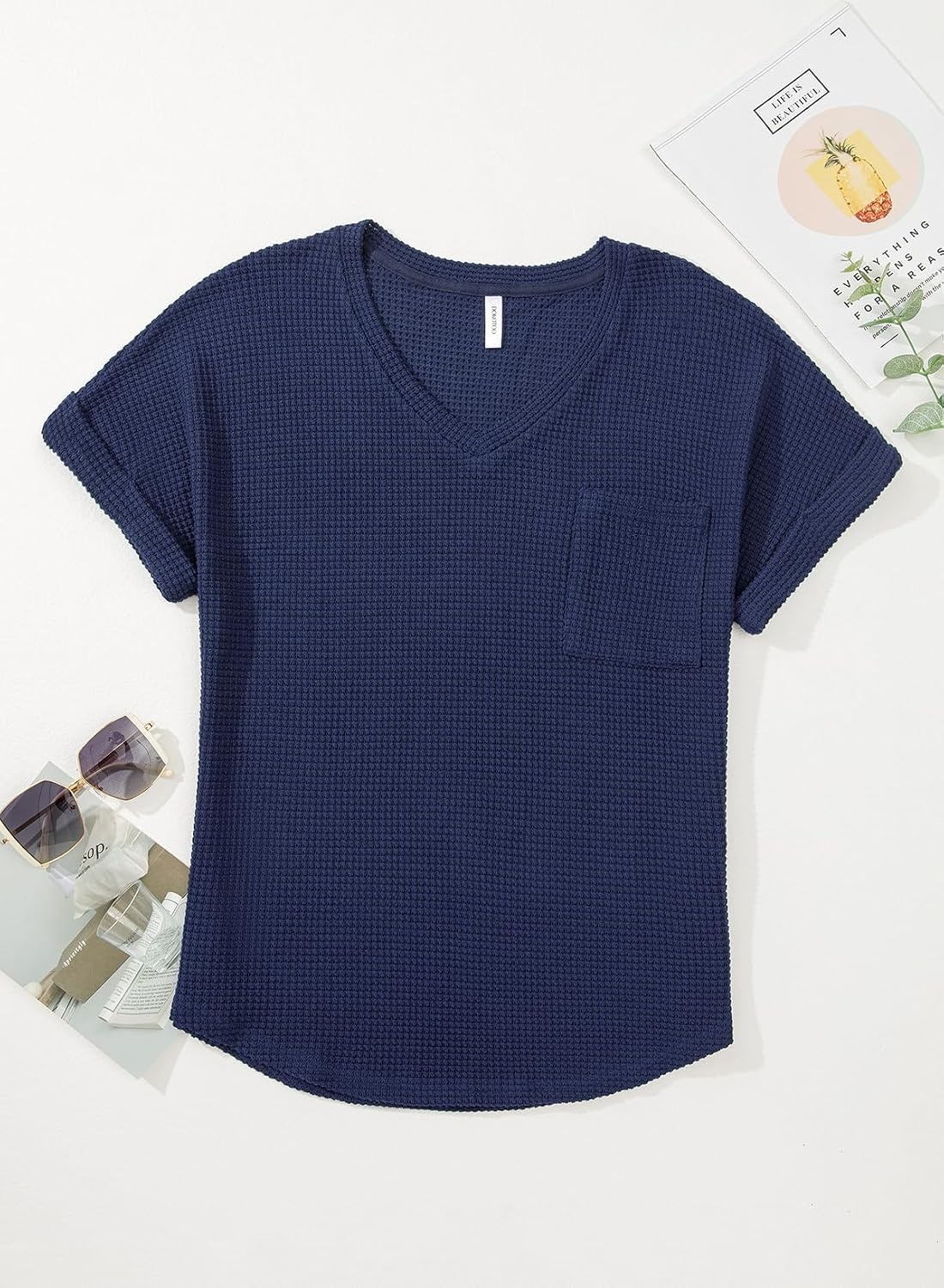 image:imageDokotoo Womens Waffle Knit Tops 2026 Summer Shirts Womens Blouses Basic TeeA Navy Blue