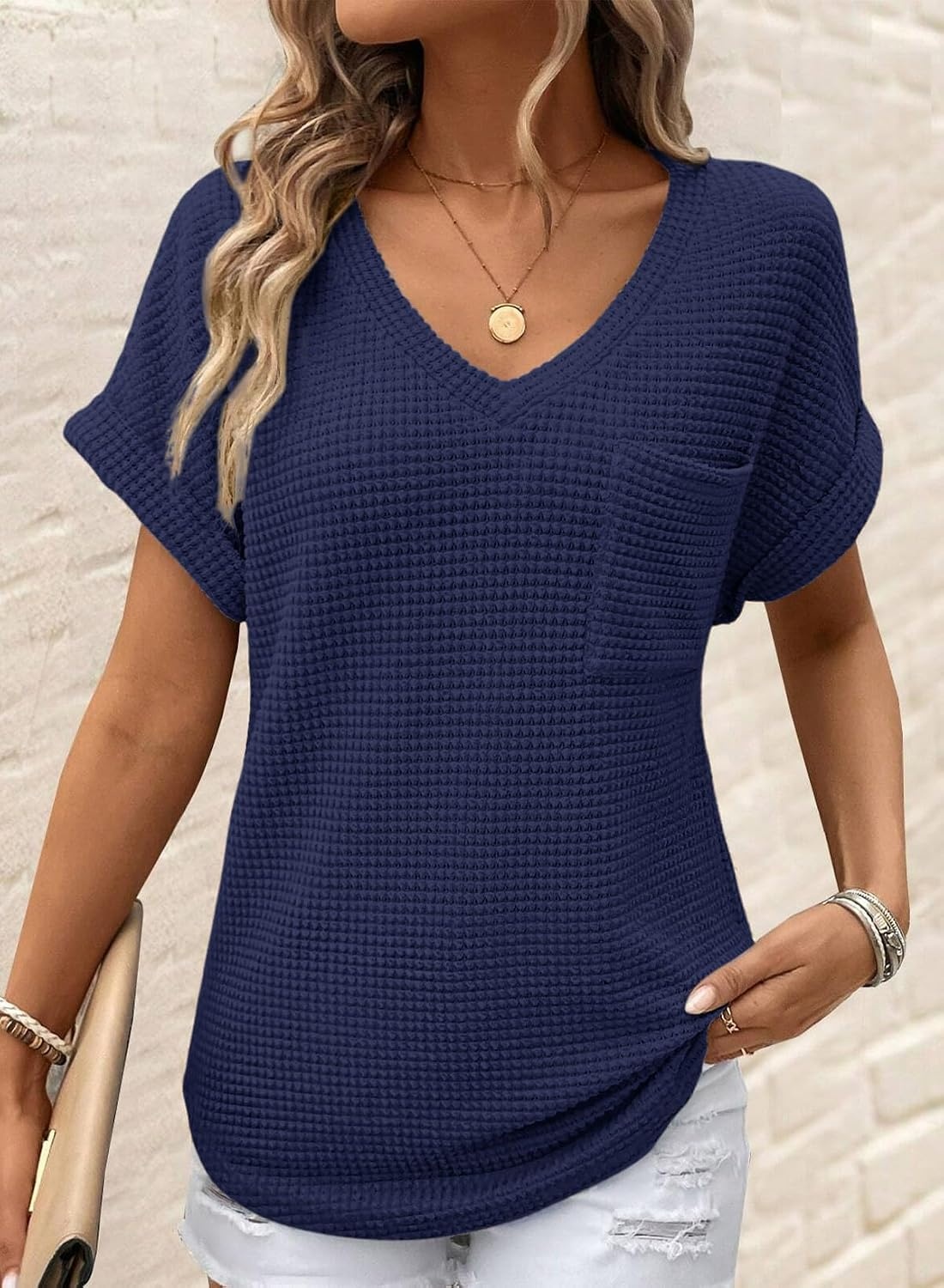 image:imageDokotoo Womens Waffle Knit Tops 2026 Summer Shirts Womens Blouses Basic TeeA Navy Blue