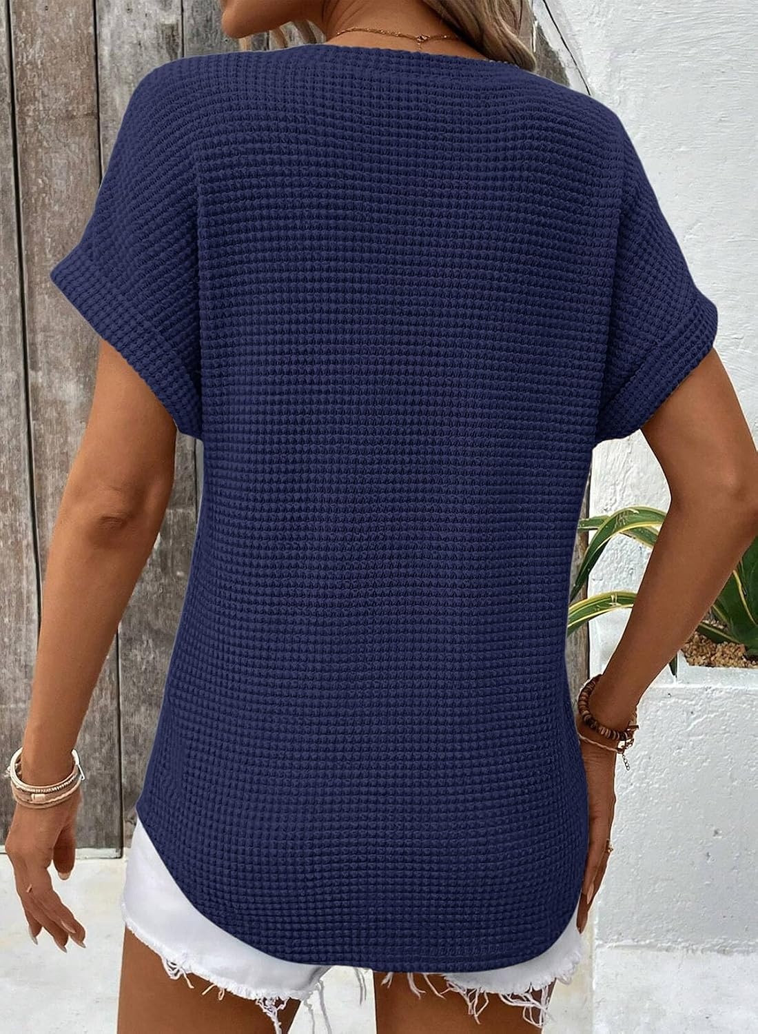 image:imageDokotoo Womens Waffle Knit Tops 2026 Summer Shirts Womens Blouses Basic TeeA Navy Blue