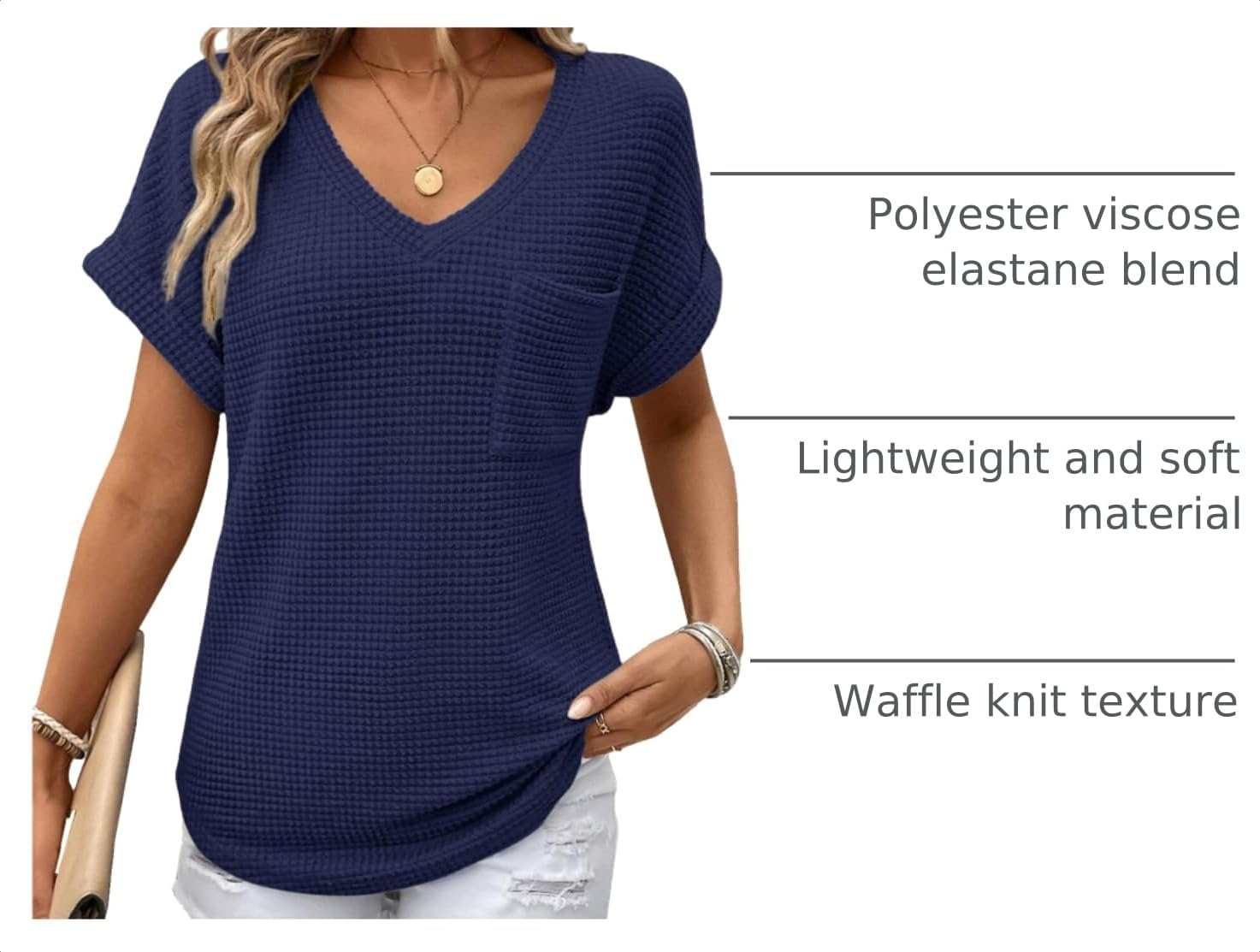 image:imageDokotoo Womens Waffle Knit Tops 2026 Summer Shirts Womens Blouses Basic TeeA Navy Blue
