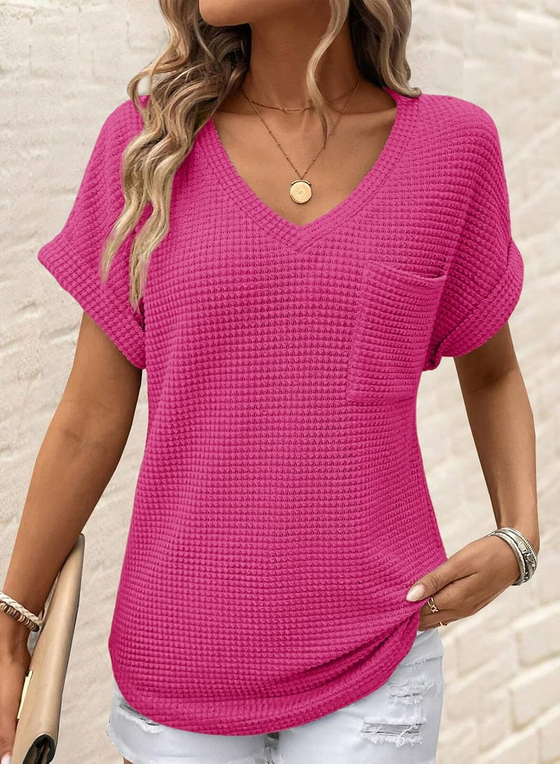image:imageDokotoo Womens Waffle Knit Tops 2026 Summer Shirts Womens Blouses Basic TeeA Rose Red