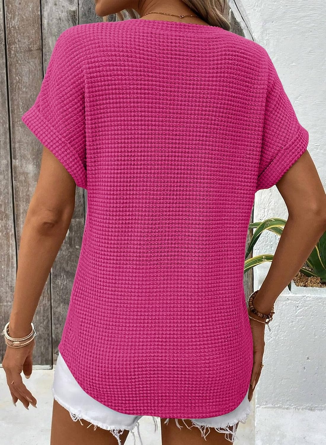 image:imageDokotoo Womens Waffle Knit Tops 2026 Summer Shirts Womens Blouses Basic TeeA Rose Red