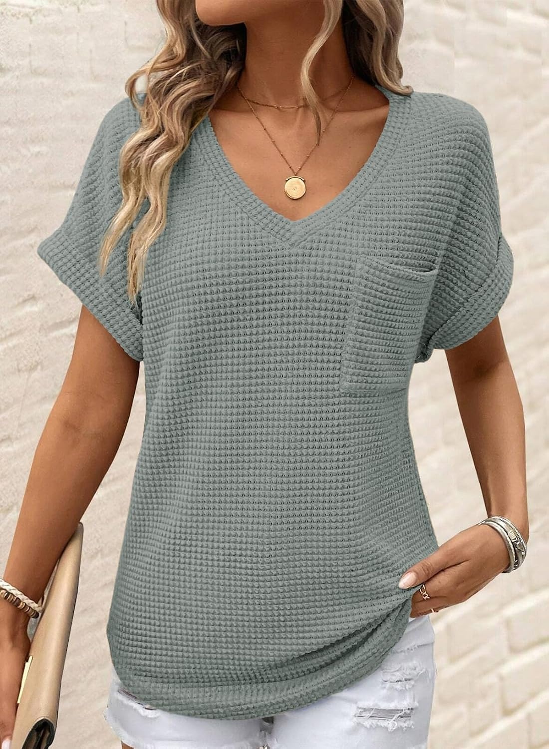 image:imageDokotoo Womens Waffle Knit Tops 2026 Summer Shirts Womens Blouses Basic TeeA Seagrass