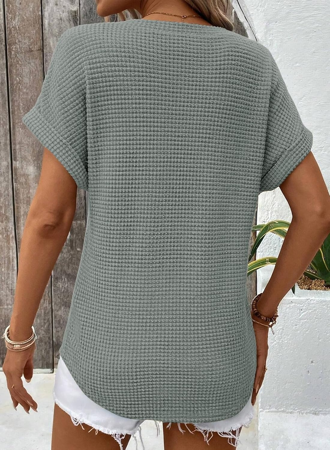 image:imageDokotoo Womens Waffle Knit Tops 2026 Summer Shirts Womens Blouses Basic TeeA Seagrass