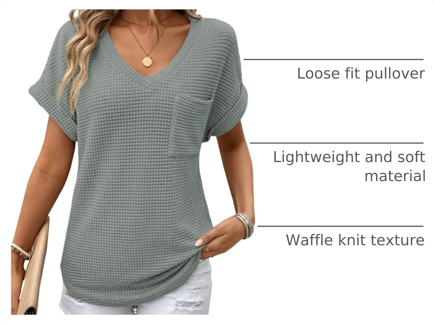 image:imageDokotoo Womens Waffle Knit Tops 2026 Summer Shirts Womens Blouses Basic TeeA Seagrass