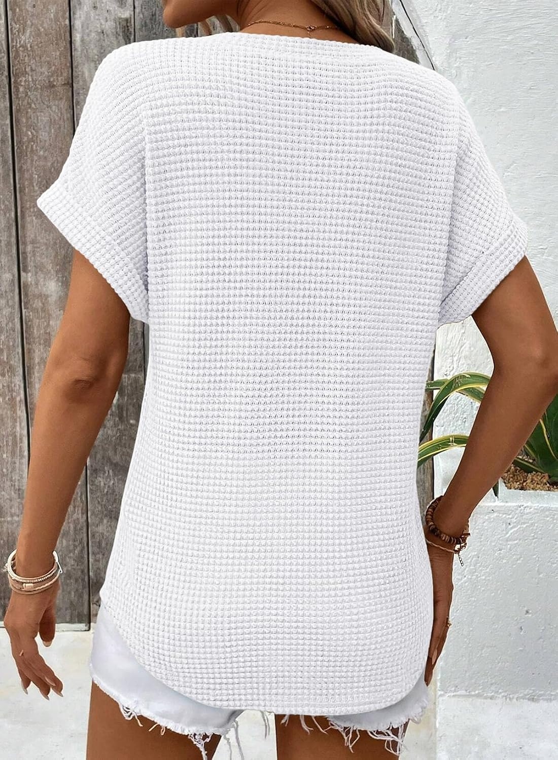 image:imageDokotoo Womens Waffle Knit Tops 2026 Summer Shirts Womens Blouses Basic TeeA White