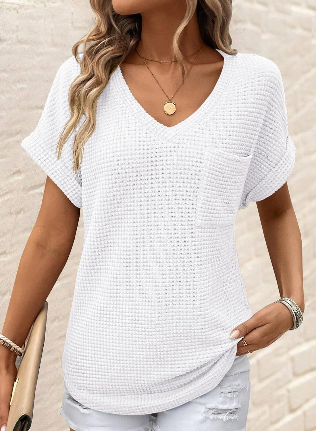 image:imageDokotoo Womens Waffle Knit Tops 2026 Summer Shirts Womens Blouses Basic TeeA White