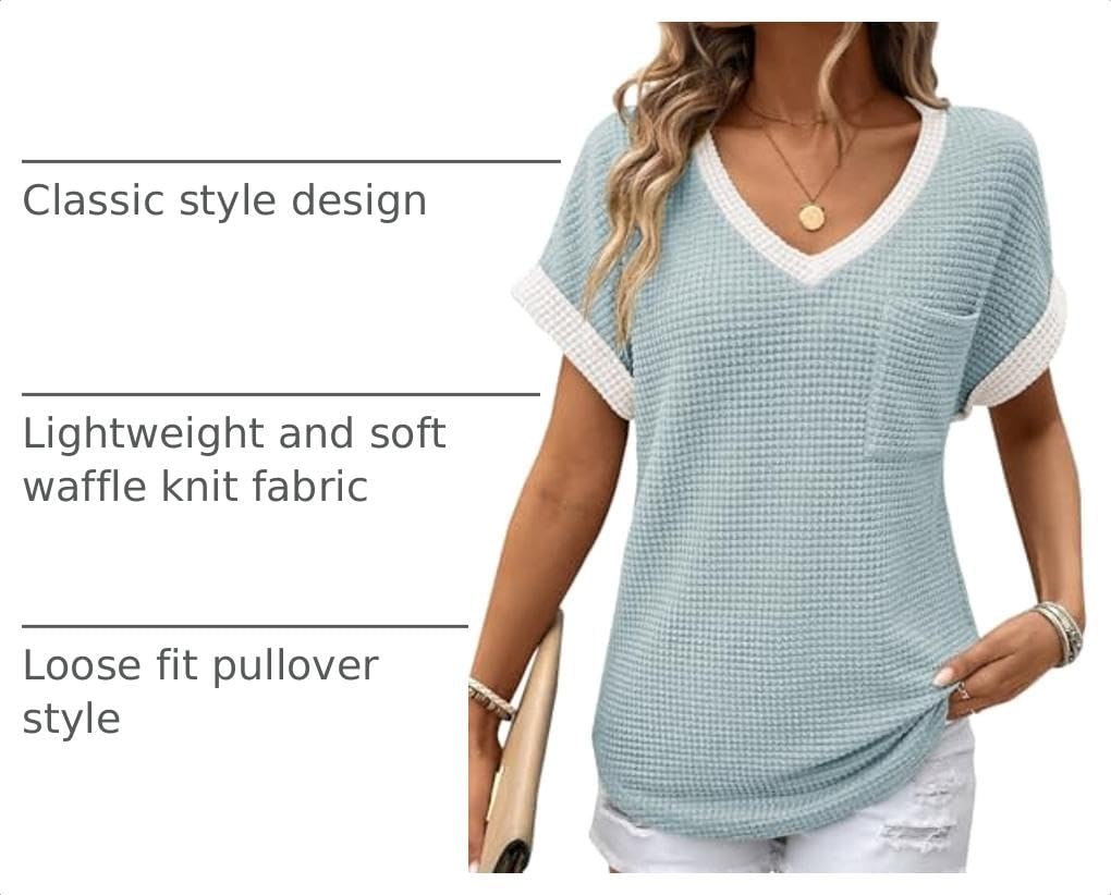 image:imageDokotoo Womens Waffle Knit Tops 2026 Summer Shirts Womens Blouses Basic TeeAruba Blue