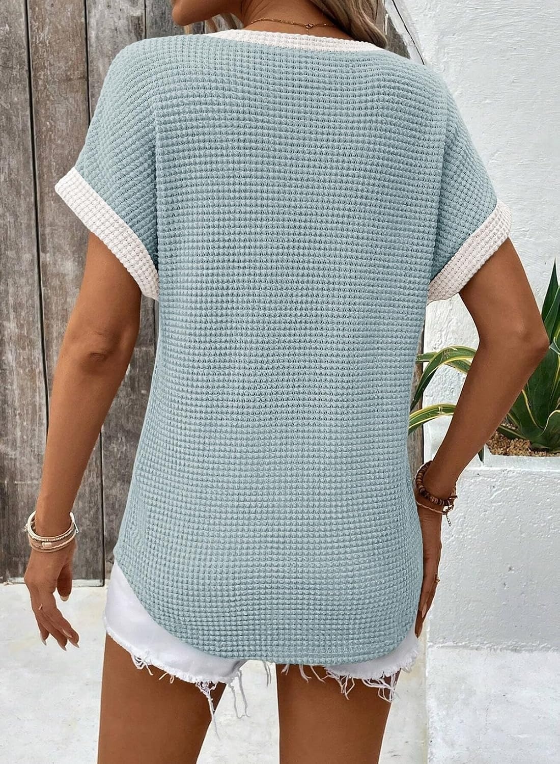 image:imageDokotoo Womens Waffle Knit Tops 2026 Summer Shirts Womens Blouses Basic TeeAruba Blue