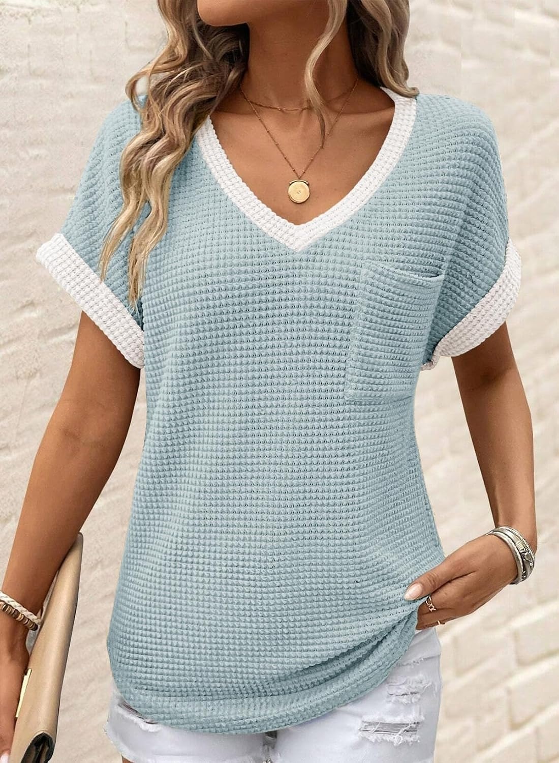 image:imageDokotoo Womens Waffle Knit Tops 2026 Summer Shirts Womens Blouses Basic TeeAruba Blue