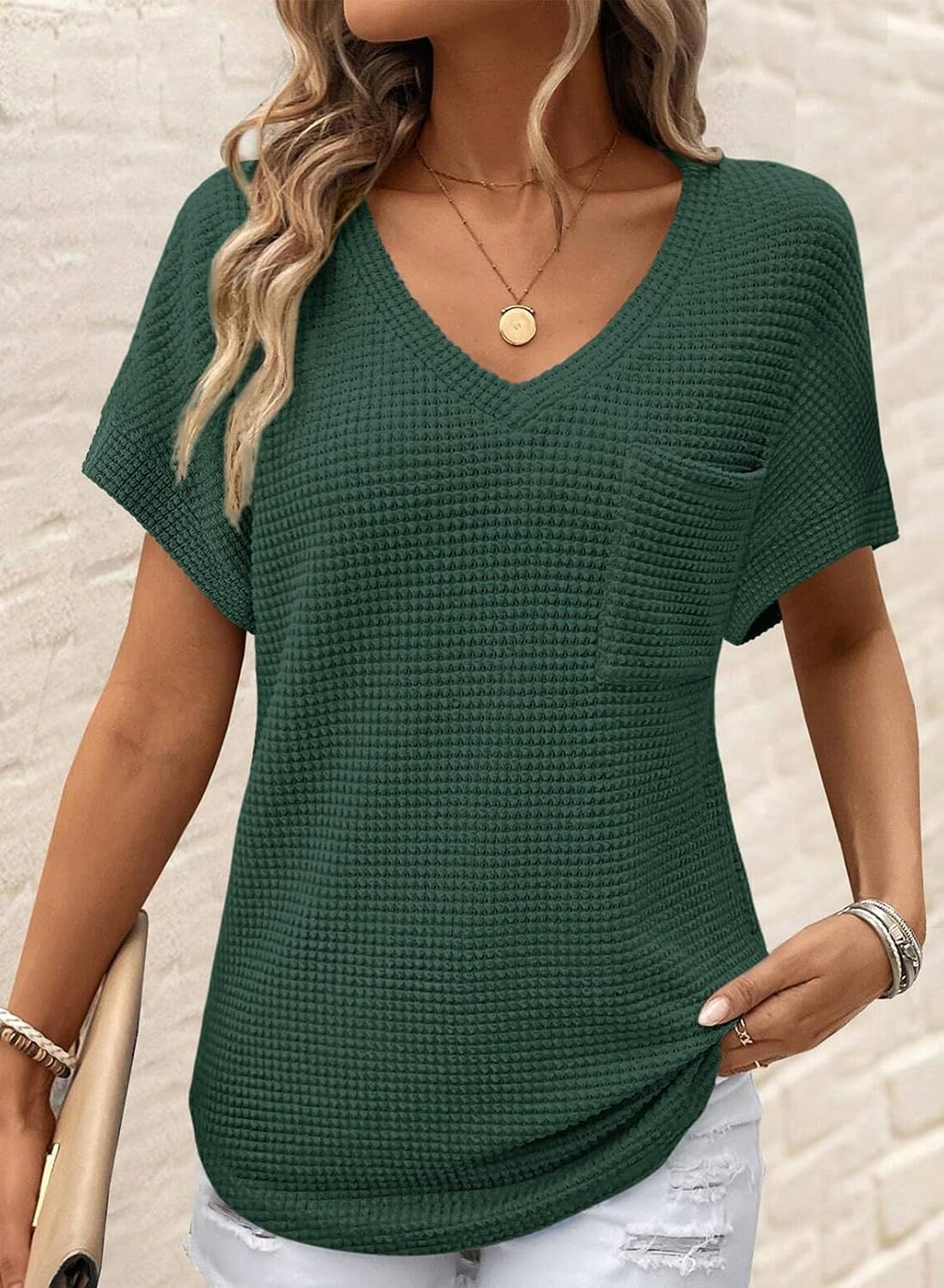 image:imageDokotoo Womens Waffle Knit Tops 2026 Summer Shirts Womens Blouses Basic TeeBlackish Green
