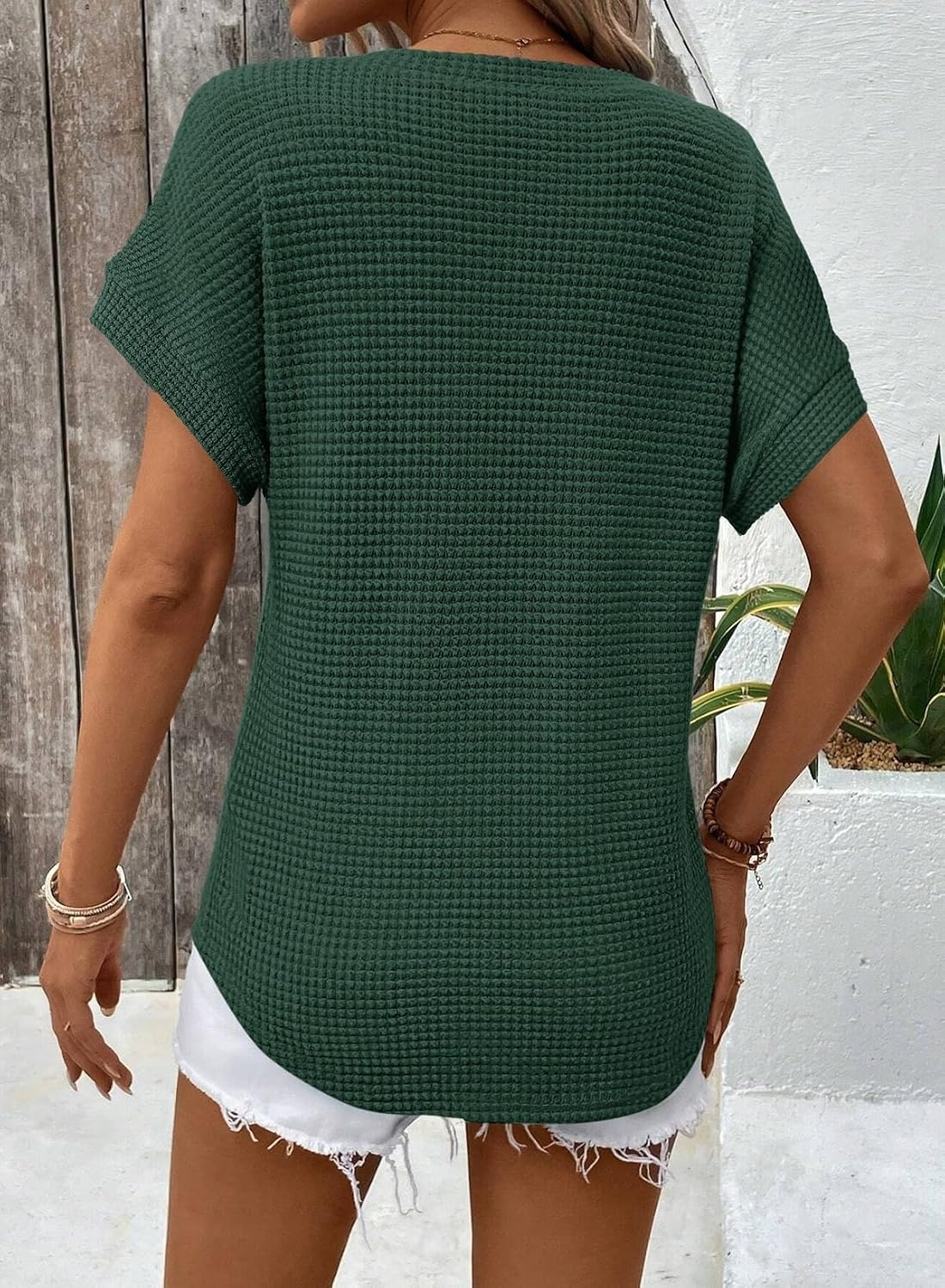 image:imageDokotoo Womens Waffle Knit Tops 2026 Summer Shirts Womens Blouses Basic TeeBlackish Green