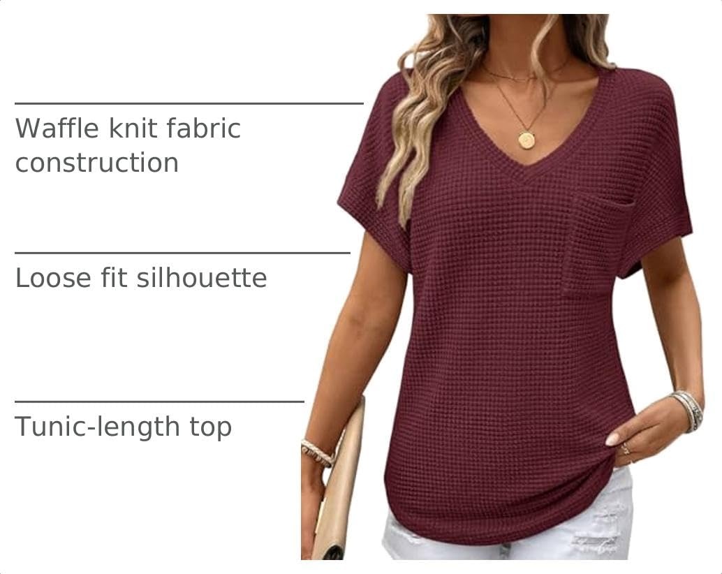 image:imageDokotoo Womens Waffle Knit Tops 2026 Summer Shirts Womens Blouses Basic TeeBurgundy