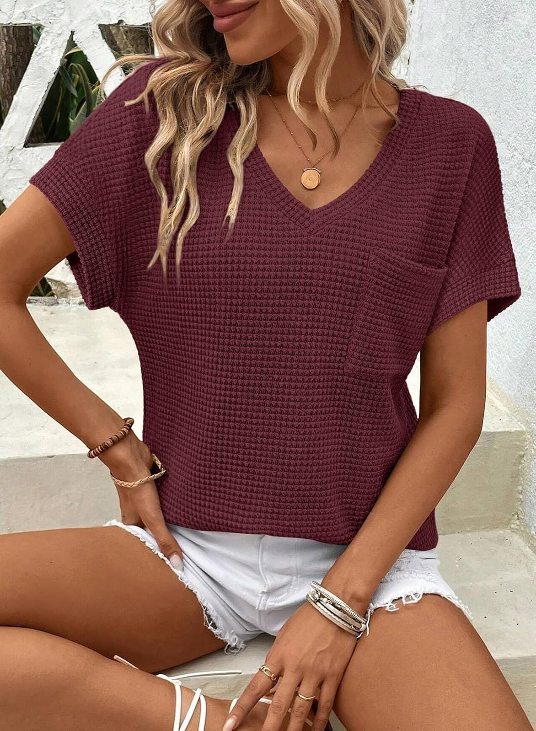 image:imageDokotoo Womens Waffle Knit Tops 2026 Summer Shirts Womens Blouses Basic TeeBurgundy