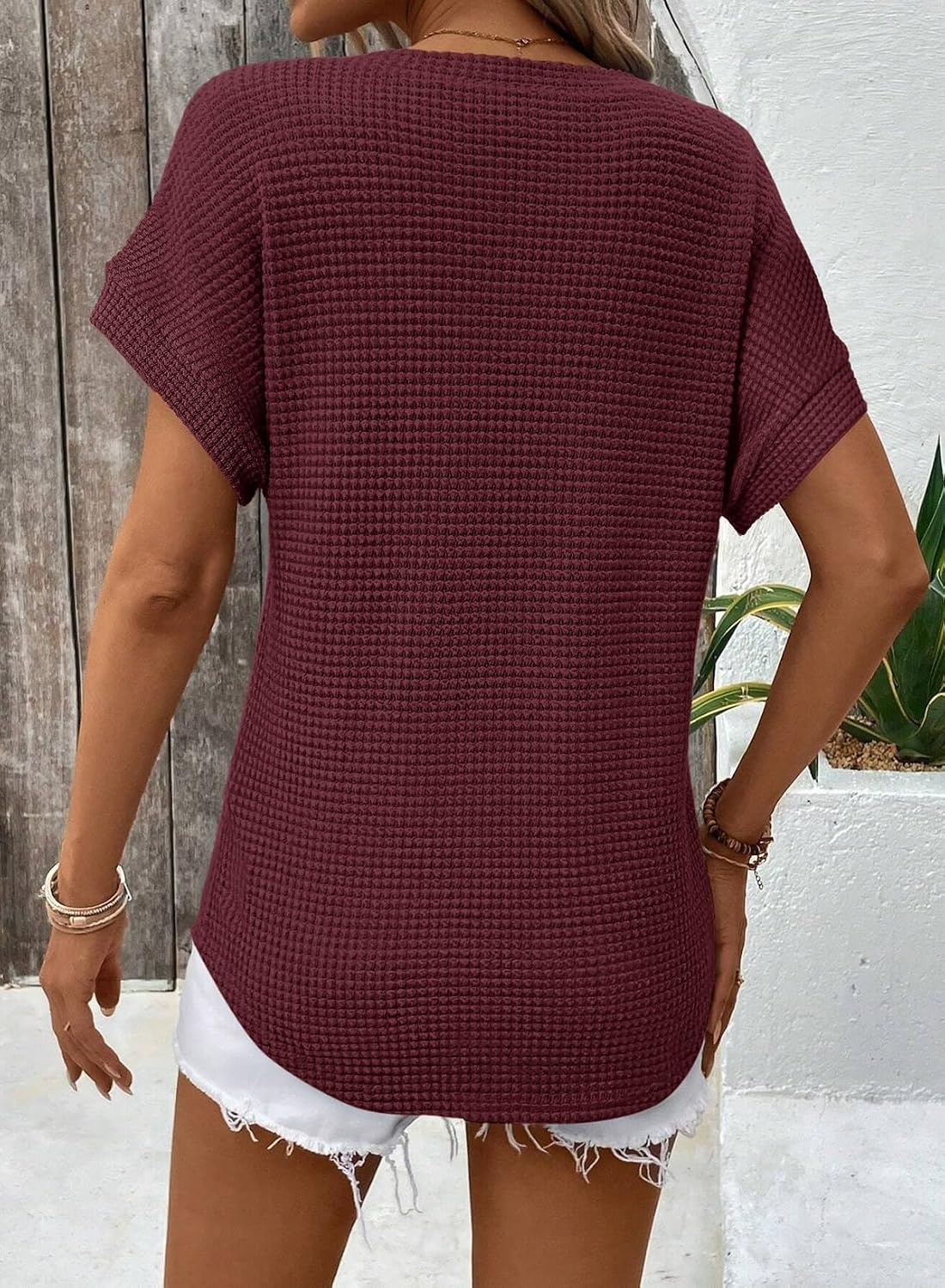 image:imageDokotoo Womens Waffle Knit Tops 2026 Summer Shirts Womens Blouses Basic TeeBurgundy