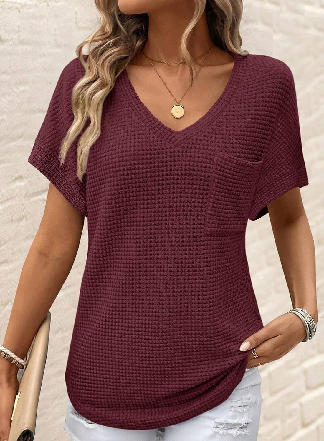 image:imageDokotoo Womens Waffle Knit Tops 2026 Summer Shirts Womens Blouses Basic TeeBurgundy