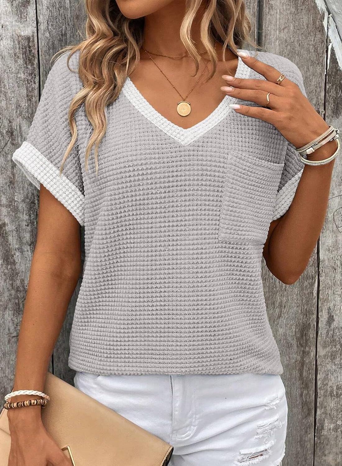 image:imageDokotoo Womens Waffle Knit Tops 2026 Summer Shirts Womens Blouses Basic TeeLight Grey