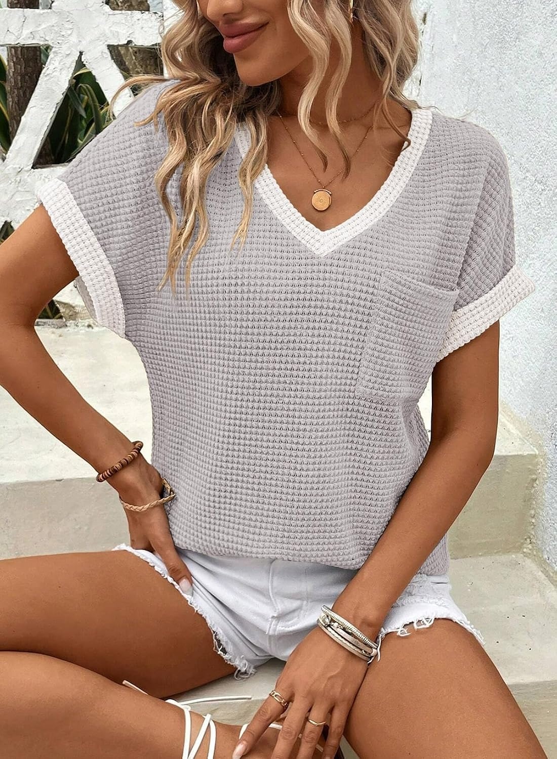 image:imageDokotoo Womens Waffle Knit Tops 2026 Summer Shirts Womens Blouses Basic TeeLight Grey