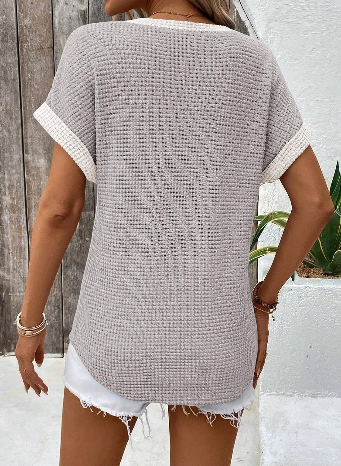 image:imageDokotoo Womens Waffle Knit Tops 2026 Summer Shirts Womens Blouses Basic TeeLight Grey