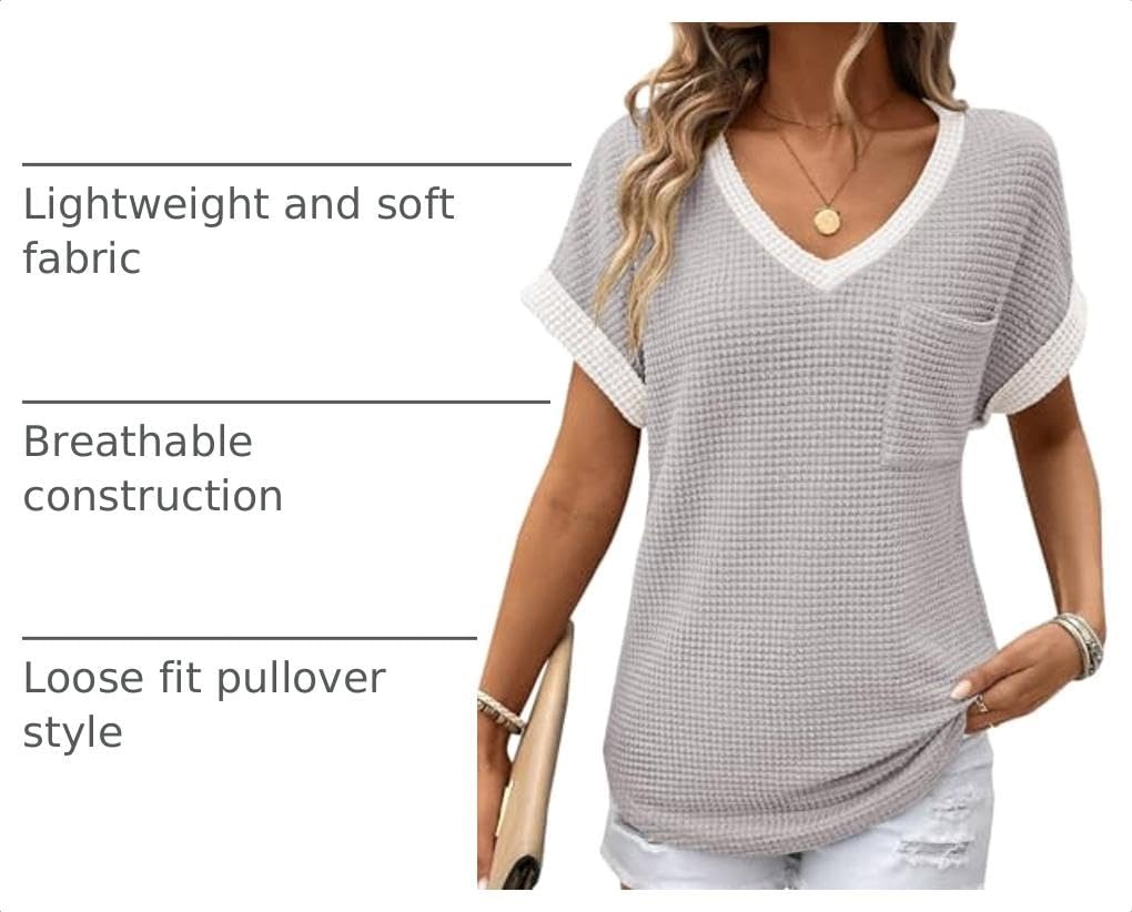image:imageDokotoo Womens Waffle Knit Tops 2026 Summer Shirts Womens Blouses Basic TeeLight Grey