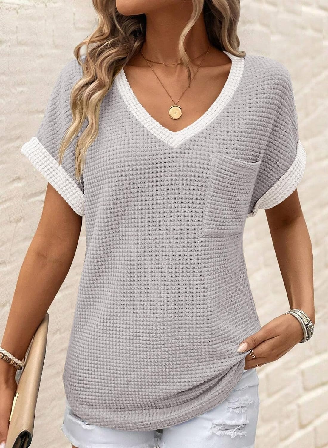 image:imageDokotoo Womens Waffle Knit Tops 2026 Summer Shirts Womens Blouses Basic TeeLight Grey