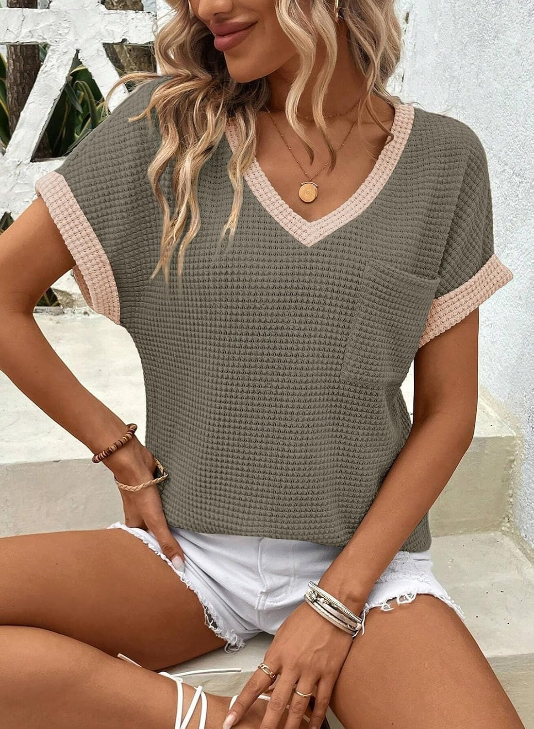 image:imageDokotoo Womens Waffle Knit Tops 2026 Summer Shirts Womens Blouses Basic TeeMoss Green