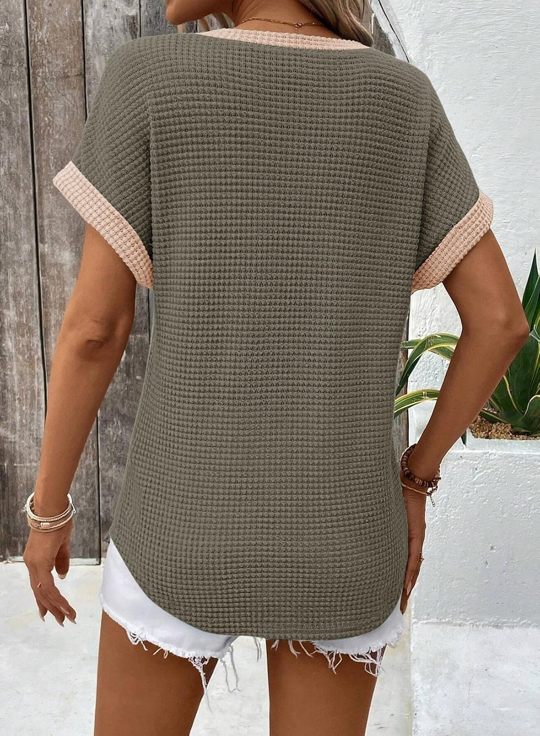 image:imageDokotoo Womens Waffle Knit Tops 2026 Summer Shirts Womens Blouses Basic TeeMoss Green