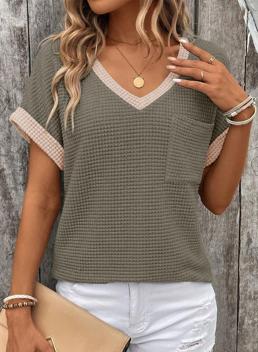 image:imageDokotoo Womens Waffle Knit Tops 2026 Summer Shirts Womens Blouses Basic TeeMoss Green