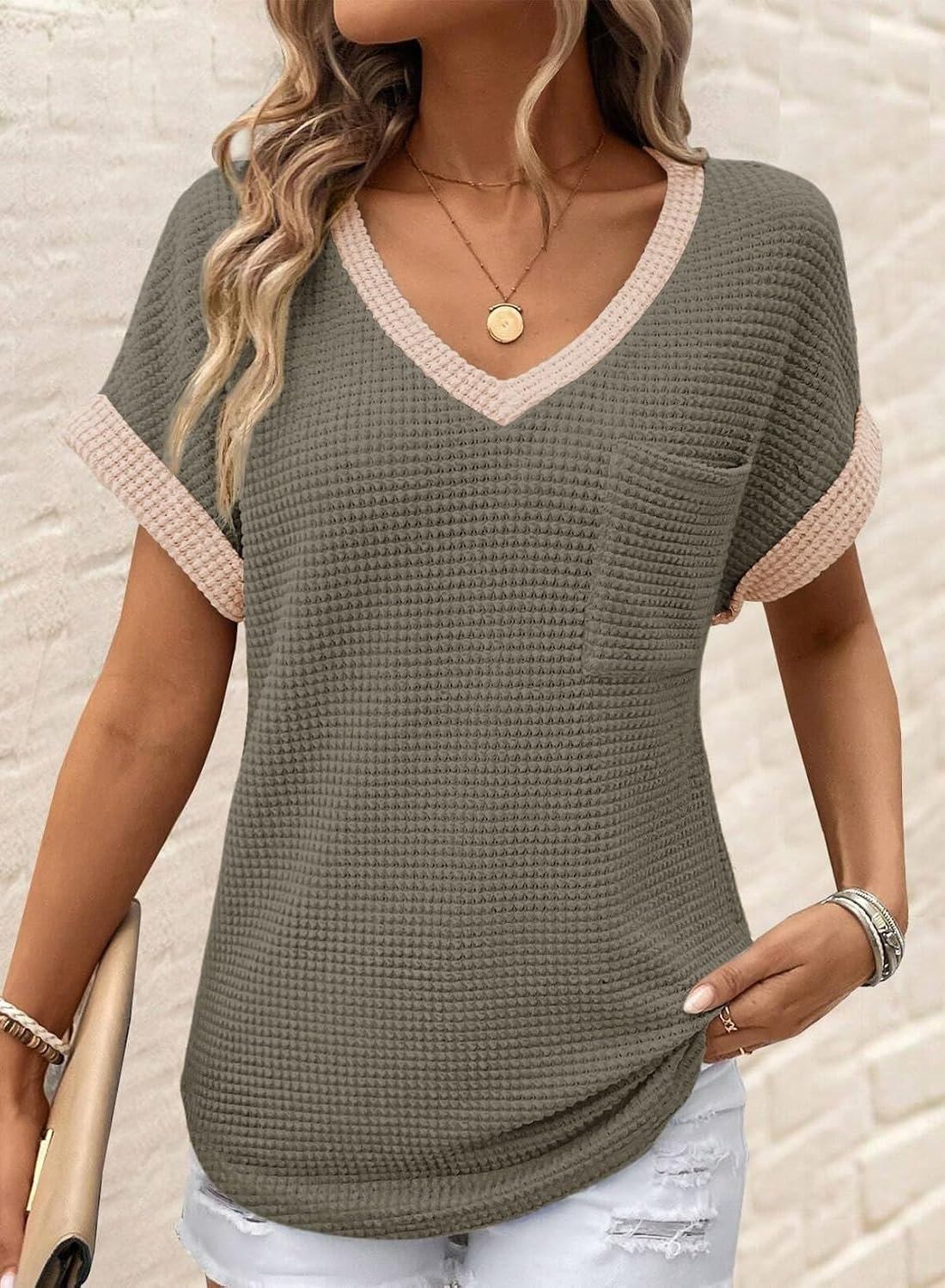 image:imageDokotoo Womens Waffle Knit Tops 2026 Summer Shirts Womens Blouses Basic TeeMoss Green