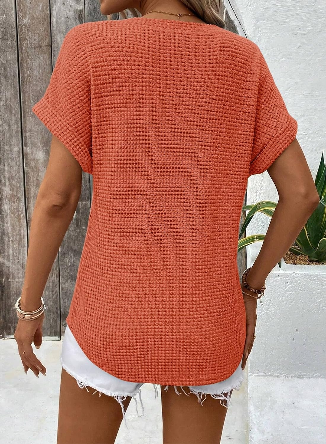 image:imageDokotoo Womens Waffle Knit Tops 2026 Summer Shirts Womens Blouses Basic TeeOrange
