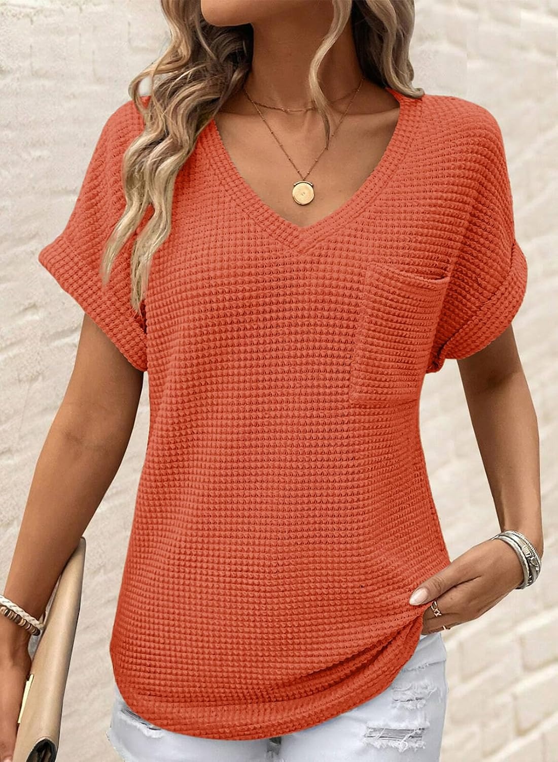 image:imageDokotoo Womens Waffle Knit Tops 2026 Summer Shirts Womens Blouses Basic TeeOrange