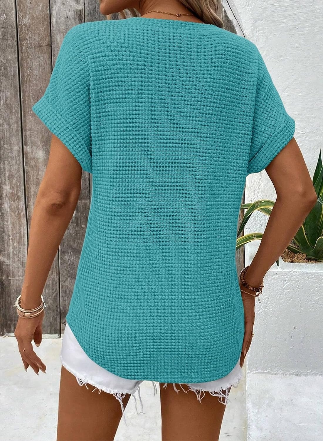 image:imageDokotoo Womens Waffle Knit Tops 2026 Summer Shirts Womens Blouses Basic TeeTurquoise