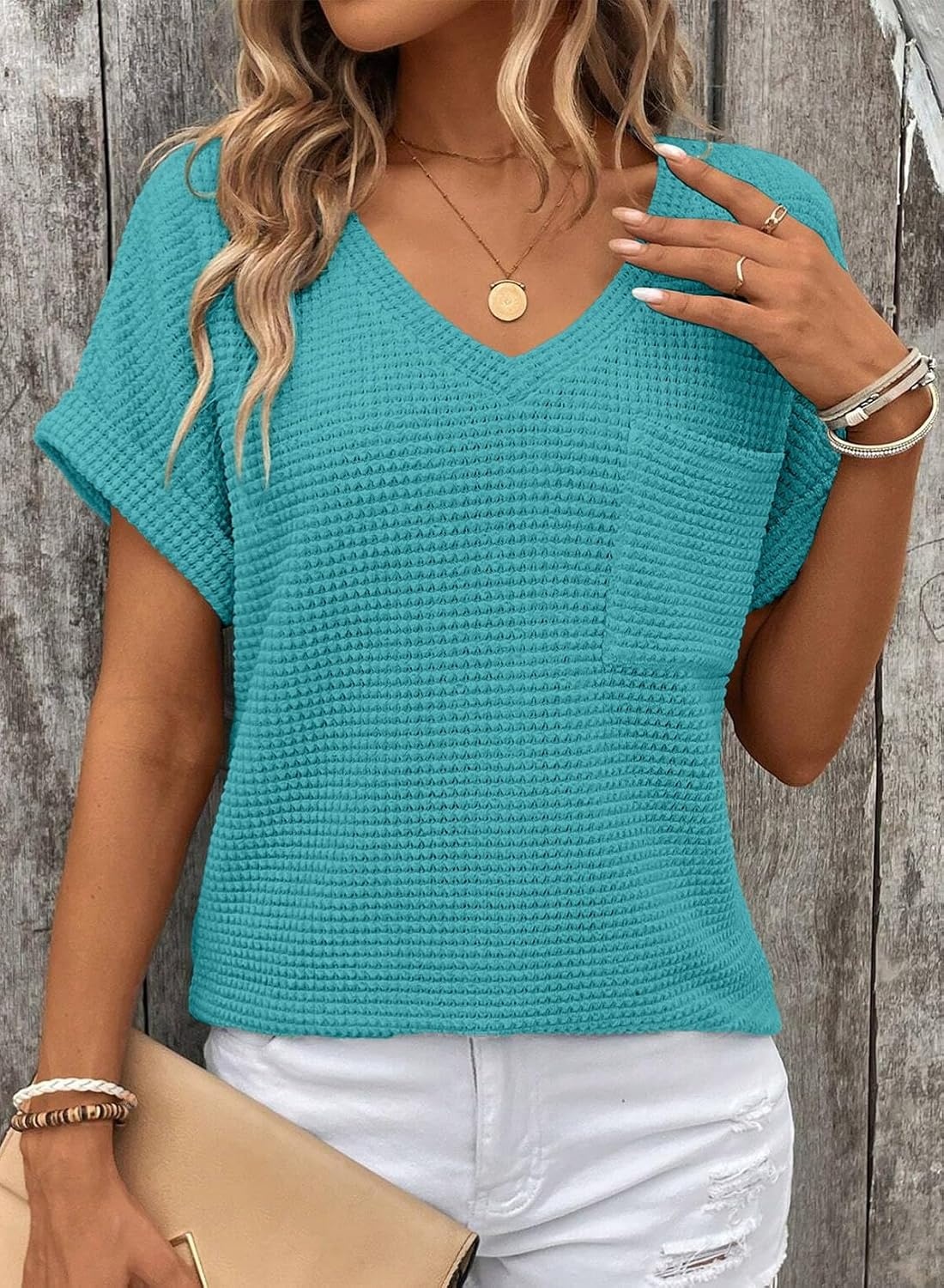 image:imageDokotoo Womens Waffle Knit Tops 2026 Summer Shirts Womens Blouses Basic TeeTurquoise