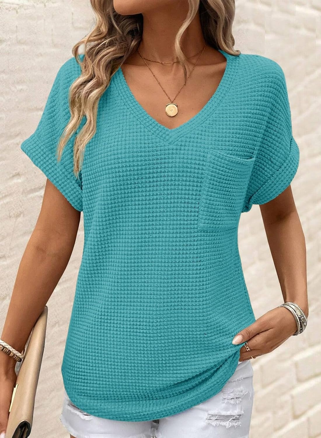 image:imageDokotoo Womens Waffle Knit Tops 2026 Summer Shirts Womens Blouses Basic TeeTurquoise