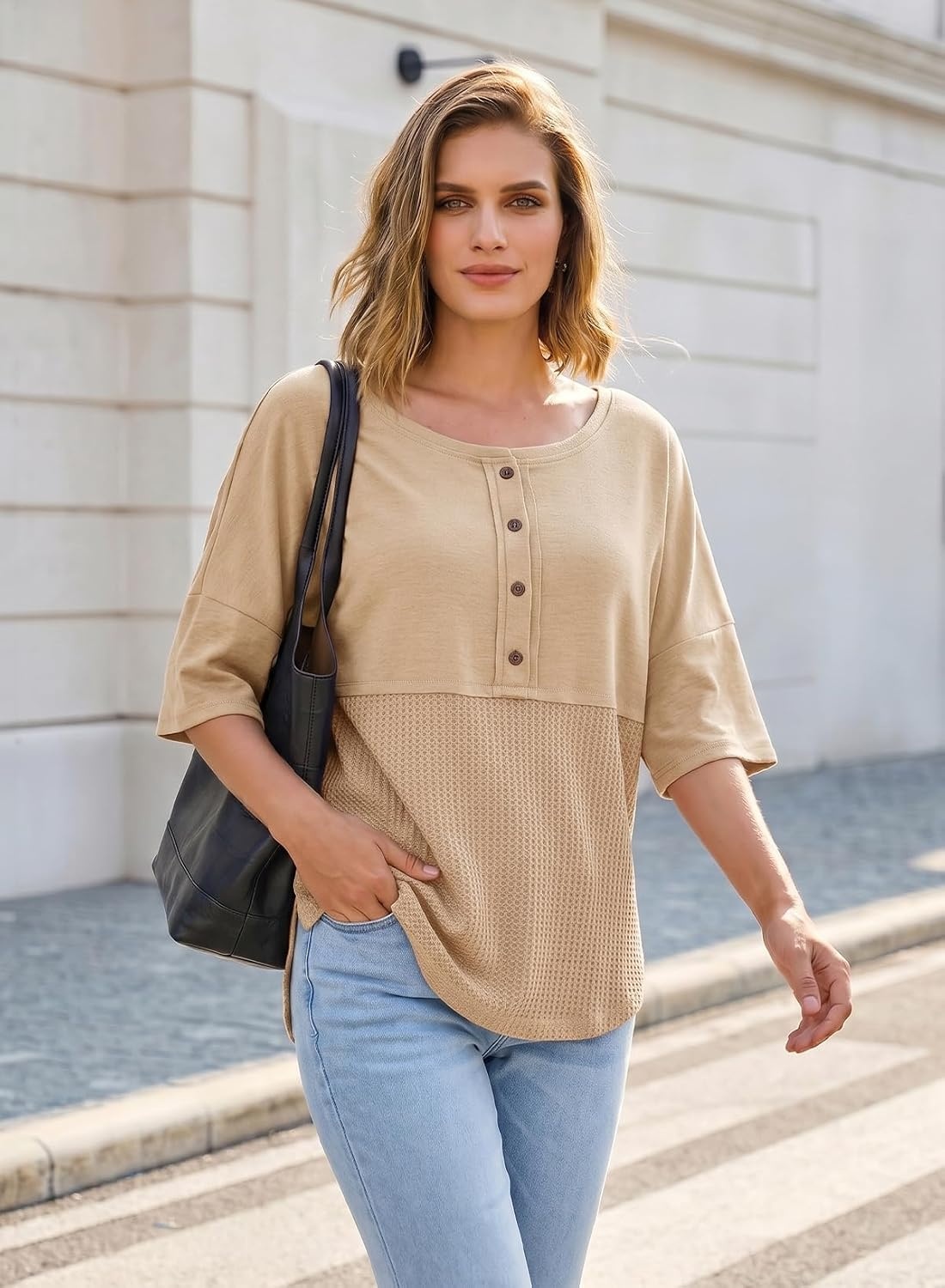 image:imageDokotoo Womens Waffle Knit Tops 34 Sleeve Oversized Patchwork BlousesApricot